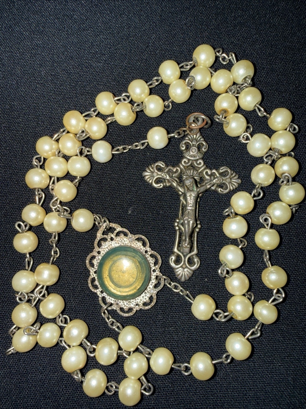 Vintage-Inspired Ivory Pearl Rosary Necklace with Crucifix